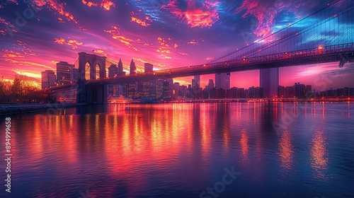 Stunning sunset over city skyline and bridge, reflecting vibrant colors on river, creating a mesmerizing urban landscape.