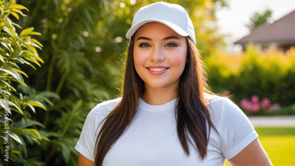 Plus size young woman wearing white t-shirt and white baseball cap standing in the garden Plus size young woman wearing white t-shirt and white baseball cap standing in the garden