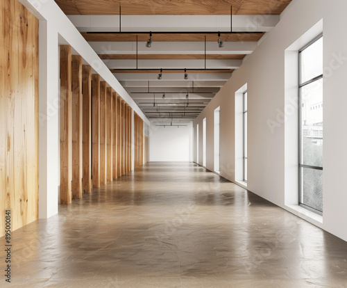 White and wooden empty office hall