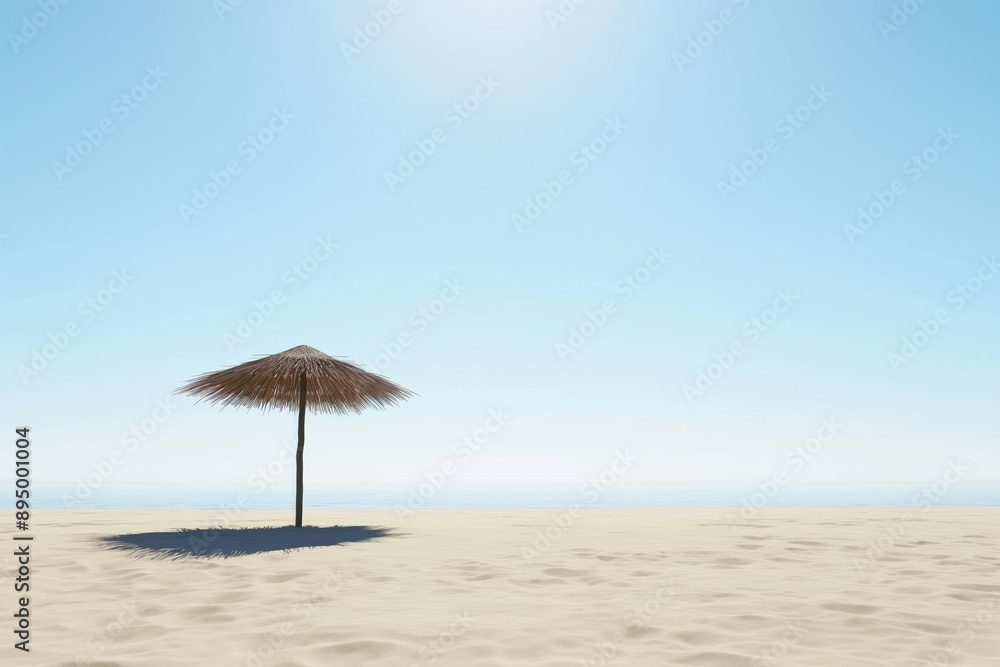 Lonely parasol standing on sandy beach against clear sky with sun in background Lonely parasol standing on sandy beach against clear sky with sun in background