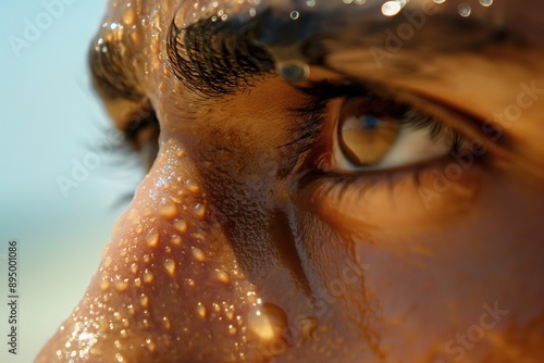 Wet face with sweat and intense gaze, focusing on the eye