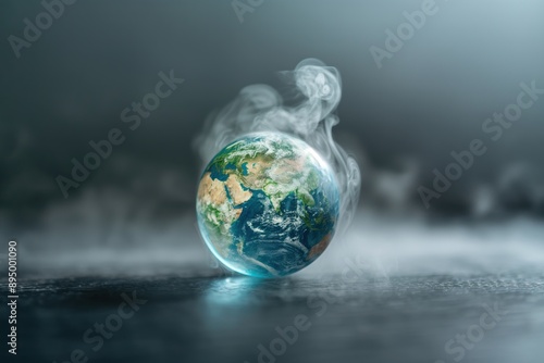 Earth surrounded by smoke in dark and misty background with reflection