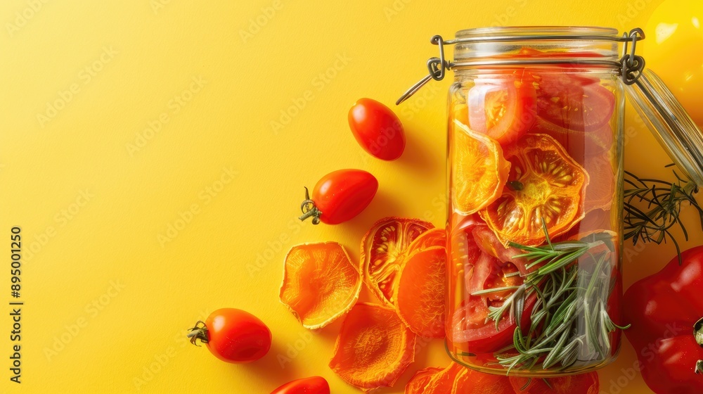 Dehydrated tomato and carrot slices in a glass container with fresh vegetables on yellow backdrop Ample space for text Dehydrated tomato and carrot slices in a glass container with fresh vegetables on yellow backdrop Ample space for text
