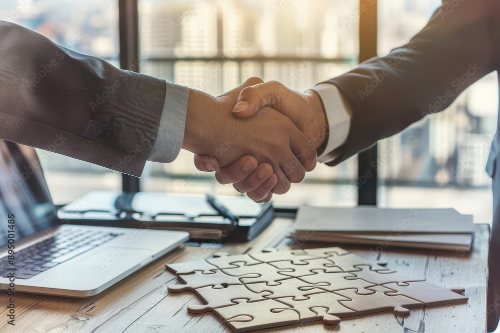 Realistic Photo Business partners shaking hands over a completed puzzle on a desk, symbolizing partnership and successful collaboration Realistic Photo Business partners shaking hands over a completed puzzle on a desk, symbolizing partnership and successful collaboration