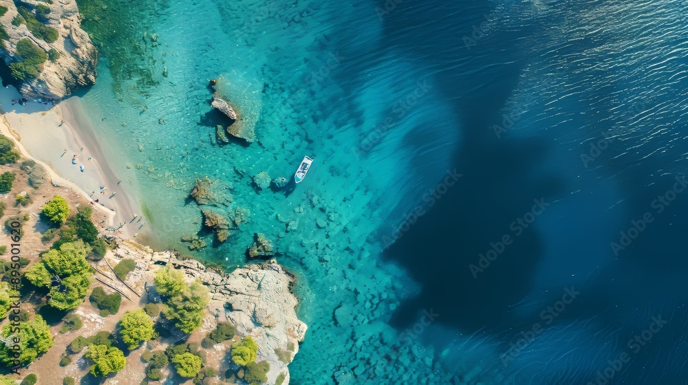 Naklejka premium Beautiful Mediterranean sea in Greece. Aerial abstract view of tropical idyllic summer landscape with blue sea water, and single boat 