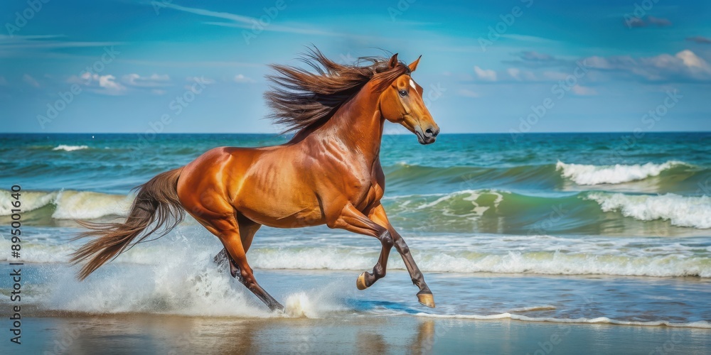 Beautiful brown horse with long mane galloping along the shore of the sea on a summer day , stallion, horse, brown, galloping, shore Beautiful brown horse with long mane galloping along the shore of the sea on a summer day , stallion, horse, brown, galloping, shore