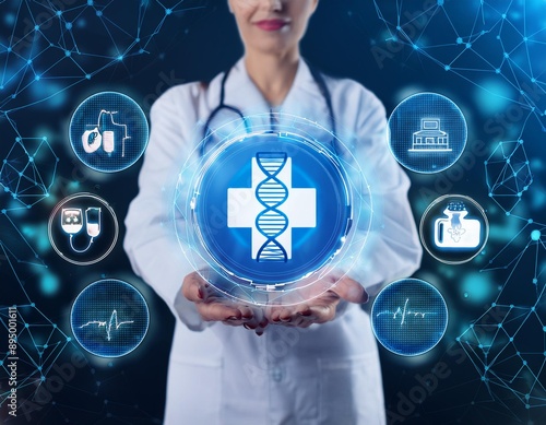 Medizintechnologie. Arzt hält ein Gesundheitssymbol mit DNA und elektronische Patientenakte. Digitale Gesundheitsversorgung und Forschung mit globaler Netzwerkverbindung auf einem holografischen virtu photo