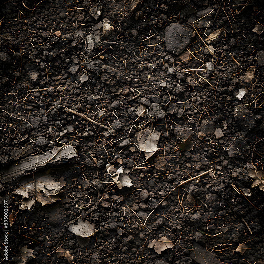 Detailed Close-Up of Rich, Organic Soil Teeming with Life and Decomposed Matter Detailed Close-Up of Rich, Organic Soil Teeming with Life and Decomposed Matter