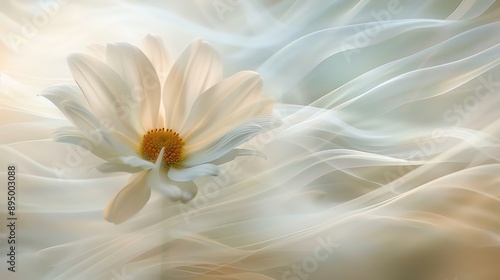 Ethereal white flower with soft petals, surrounded by wispy, dreamy waves of light and shadow for a peaceful, delicate ambiance.
