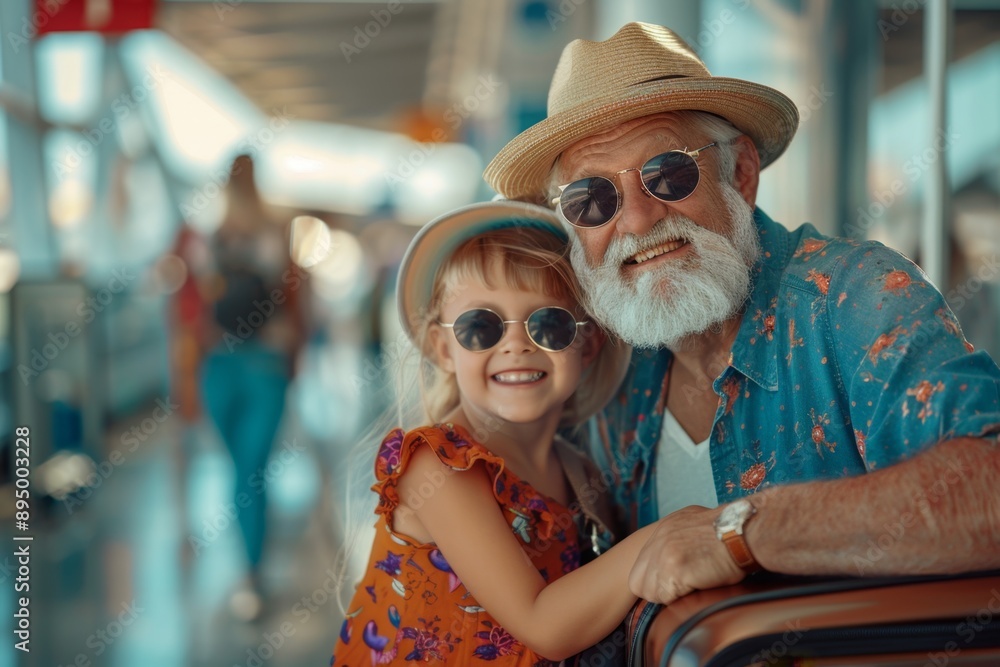 Happy elderly man and young girl wearing sunglasses and hats at an airport terminal. They enjoy traveling together and show the joy of family bonding. Vibrant and colorful image. Generative AI Happy elderly man and young girl wearing sunglasses and hats at an airport terminal. They enjoy traveling together and show the joy of family bonding. Vibrant and colorful image. Generative AI