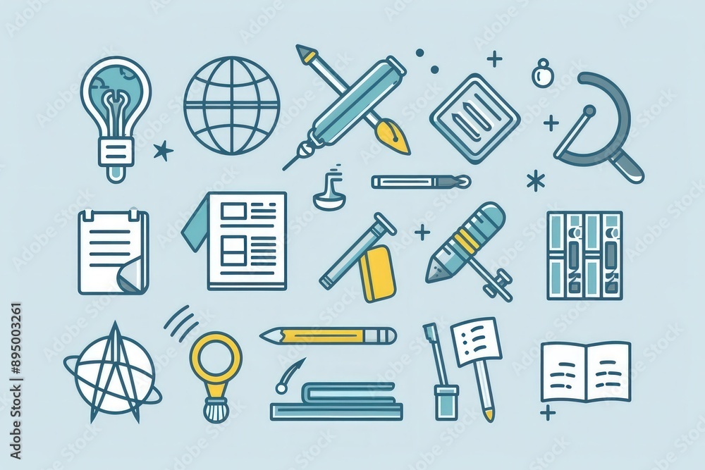 Educational icons in minimalistic lineal style, isolated on a light pastel background. Educational icons in minimalistic lineal style, isolated on a light pastel background.