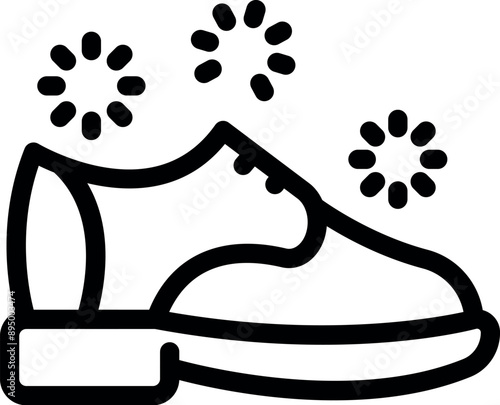 Line drawing of a dress shoe with odor lines eliminating from it representing a shoe deodorizer
