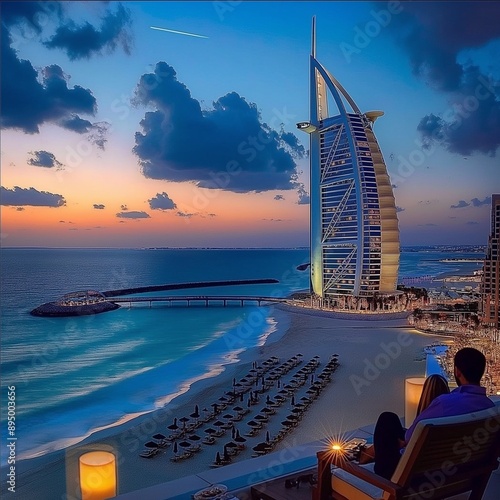 A magnificent view of the Burj Al Arab at sunset, offering a luxurious and iconic perspective of Dubai. Ideal for travel and architecture themes.