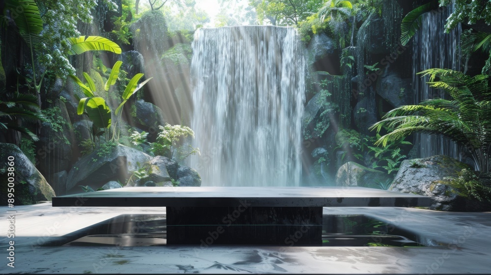 A stone platform sits in front of a waterfall, surrounded by lush greenery. Sunlight filters through the foliage, creating a serene atmosphere. A stone platform sits in front of a waterfall, surrounded by lush greenery. Sunlight filters through the foliage, creating a serene atmosphere.