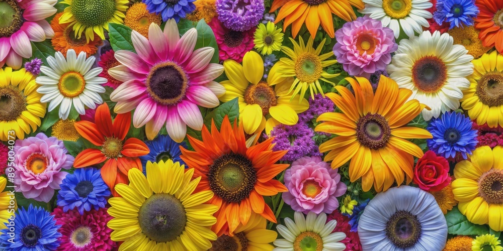 Vibrant floral pattern with sunflowers, daisies, and assorted flowers in various colors, sunflowers, daisies, floral, pattern Vibrant floral pattern with sunflowers, daisies, and assorted flowers in various colors, sunflowers, daisies, floral, pattern