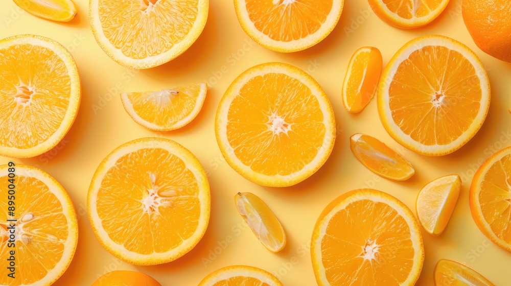 Fototapeta premium Fresh orange slices on colored background in a creative summer concept