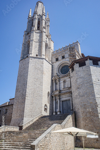 Girona, Spain - 23 July, 2024: Steps at the entrance to the Basilica de San Felix, Girona, Catalonia photo