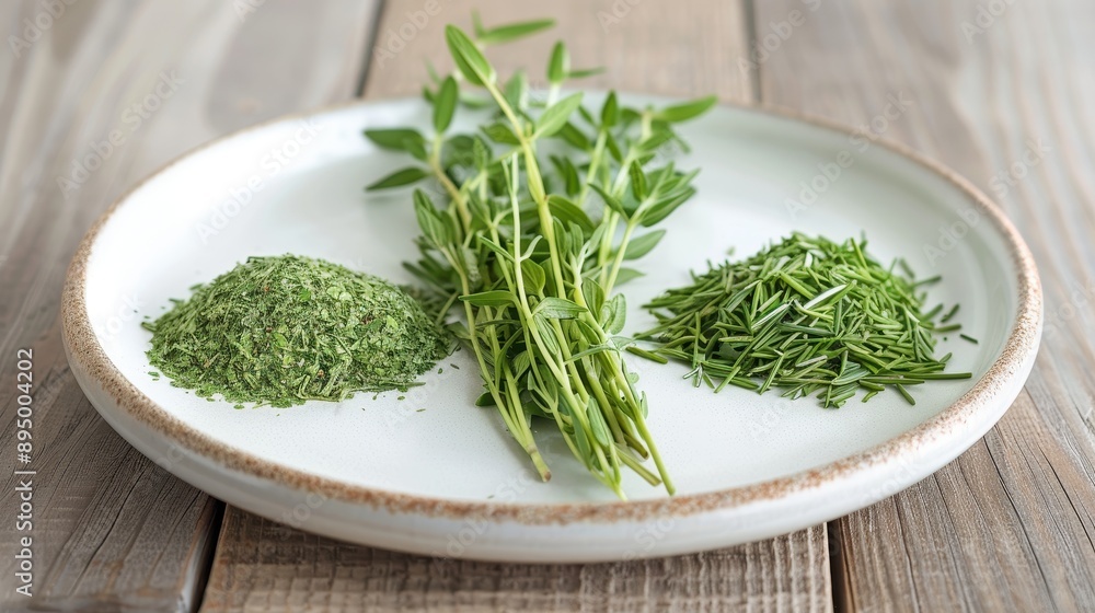 A white plate with three different herbs on it A white plate with three different herbs on it