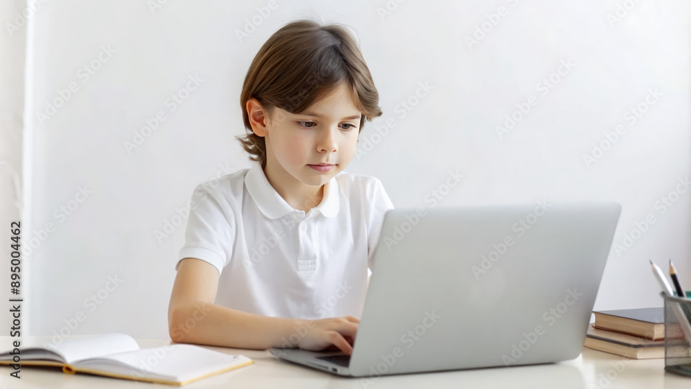 Virtual learning, child using laptop at home, study materials on desk, focused and concentrated Virtual learning, child using laptop at home, study materials on desk, focused and concentrated