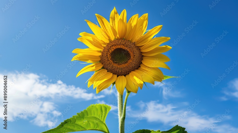 Beautiful yellow sunflower isolated on the blue sky.