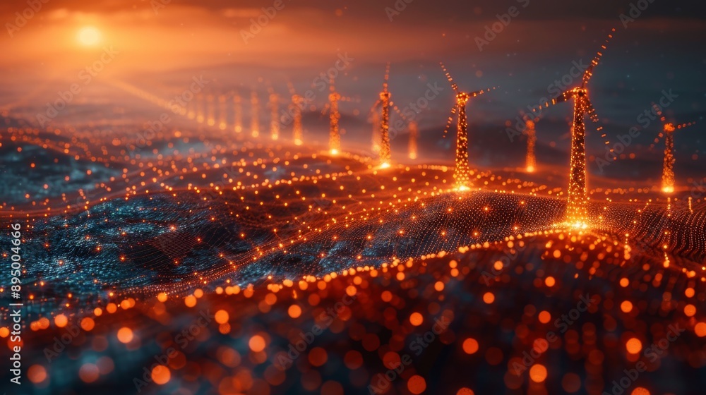 Fototapeta premium Glowing Digital Wind Turbine Landscape Generating Golden Energy Flow for Crypto Mining