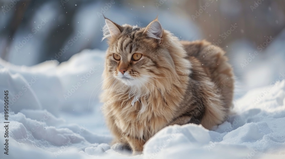 Fluffy Siberian cat in winter Stray cats in the cold Fluffy Siberian cat in winter Stray cats in the cold