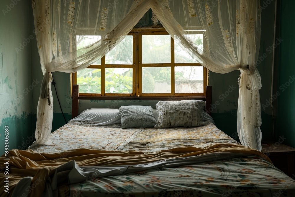 Interior of a room with a double bed and a window with curtains Interior of a room with a double bed and a window with curtains