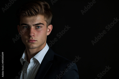 young male businessman in a black suit on a black background