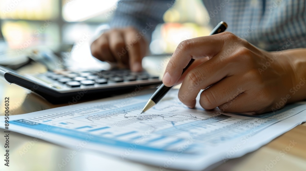 A close-up of hands using a calculator and writing on a financial report, emphasizing accounting and analysis tasks. A close-up of hands using a calculator and writing on a financial report, emphasizing accounting and analysis tasks.