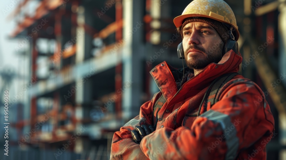 A confident construction worker in protective gear stands at a building site, showcasing strength and dedication to safety. A confident construction worker in protective gear stands at a building site, showcasing strength and dedication to safety.