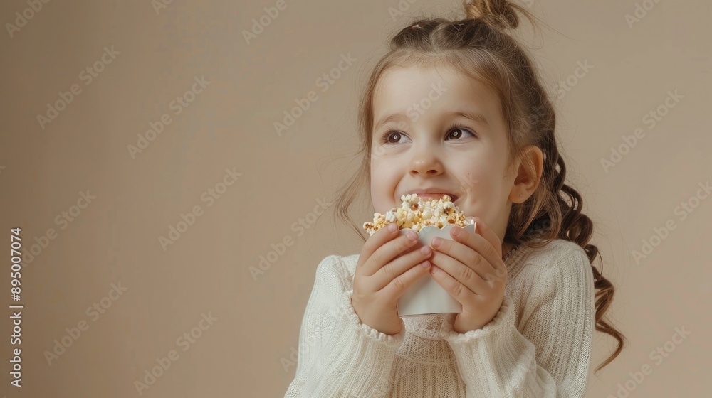 Little caucasian girl eating popcorn isolated on beige background. Little caucasian girl eating popcorn isolated on beige background.