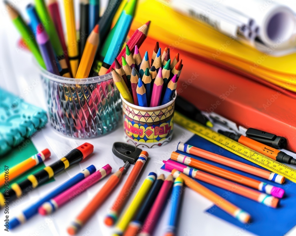 Obraz premium Detailed closeup of colorful school supplies, showcasing vivid colors.