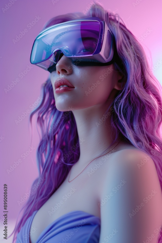 Naklejka premium Portrait of young beautiful caucasian purple grey hair woman using 3D viewer - technology, futuristic, gaming concept.