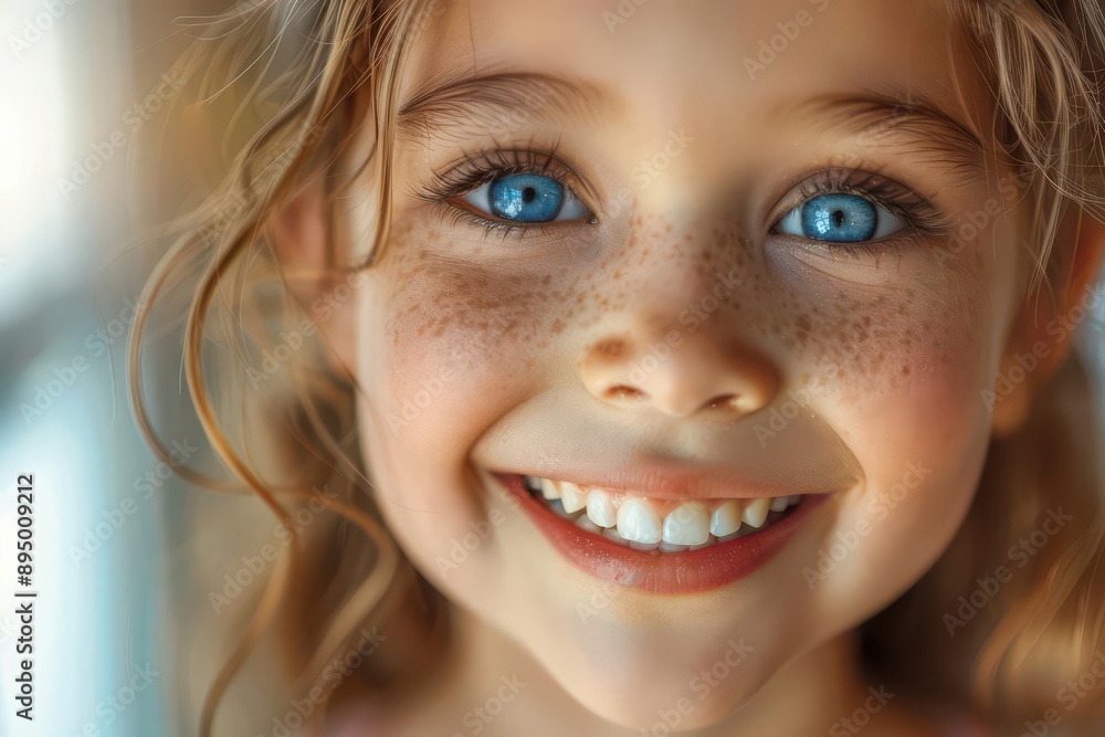 A close-up portrait of a smiling young girl with bright blue eyes and freckles. Her hair is blonde and wavy. A close-up portrait of a smiling young girl with bright blue eyes and freckles. Her hair is blonde and wavy.
