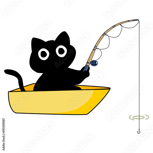 A black cat fishing on the boat cartoon