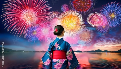 Japanese woman dressed in a yukata as she gazes in awe at the vibrant fireworks lighting up the night sky during a traditional Japanese festival. The scene is a celebration of culture, beauty, and the