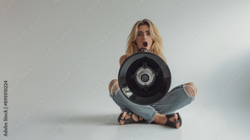 Fototapeta premium Young blonde Uruguayan woman sitting on the floor isolated on white background shouting through a megaphone.