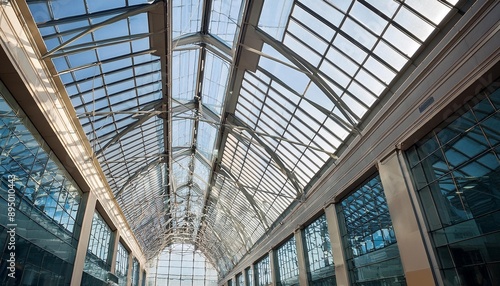 Modern glass roof structure in an atrium, flooded with natural light for commercial spaces. © Merlin