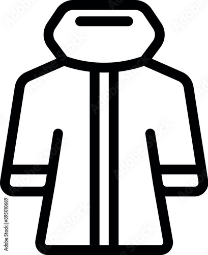 Simple black and white line icon of a coat, perfect for representing winter, cold weather, or outerwear