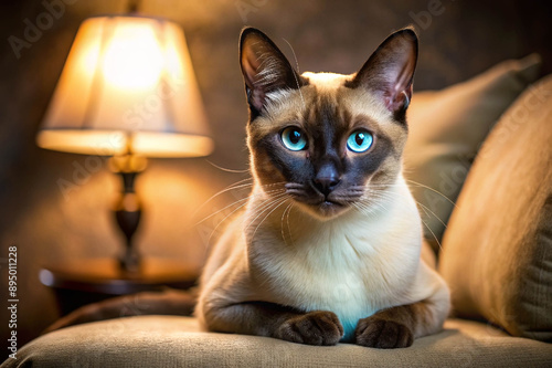 Siamese cat lounging by a lamp photo