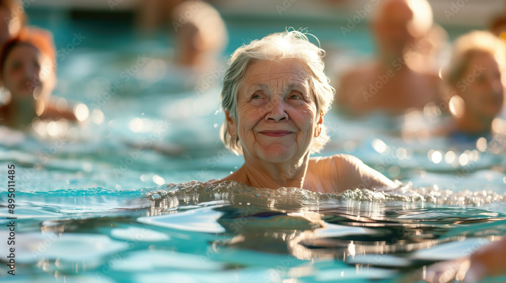Obraz premium Elderly woman swimming in pool surrounded by people, smiling and enjoying water activities. Senior fitness, water aerobics, health and wellness, active aging, community engagement, leisure activities.