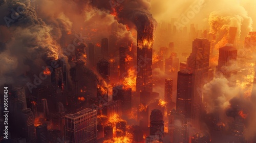 Dramatic cityscape with towering skyscrapers engulfed in flames and dark smoke, depicting a catastrophic event.