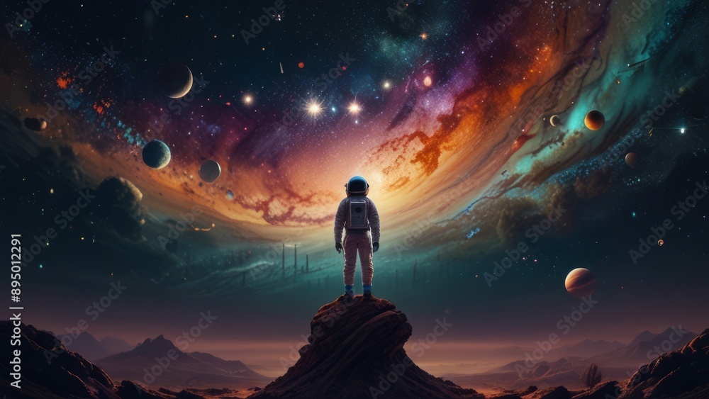 Astronaut standing on mars planet and watching milky way galaxy Astronaut standing on mars planet and watching milky way galaxy