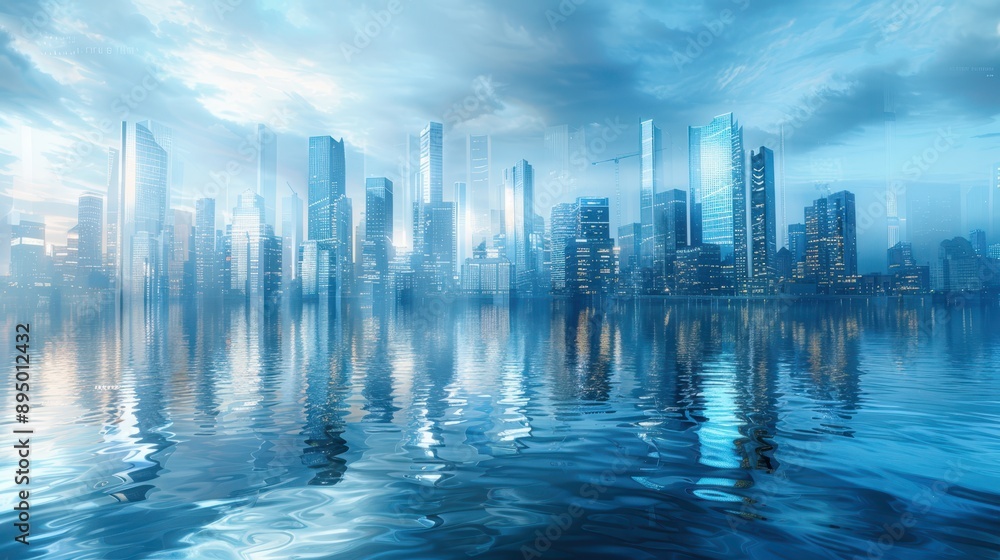 Fototapeta premium City skyline with tall buildings emerging through a layer of mist, reflected in the calm water under a blue sky with scattered clouds.