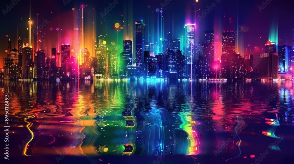 Obraz premium Colorful neon city skyline reflecting on the water at night, creating a vibrant and futuristic urban landscape.