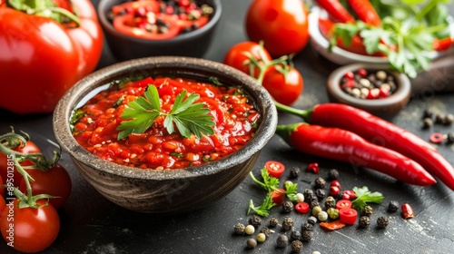 A bowl of red sauce with a sprig of parsley on top