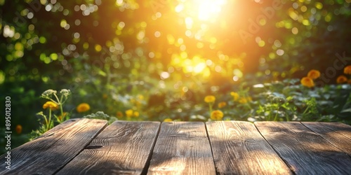 A wooden platform surrounded by vibrant greenery and bathed in glowing sunlight, creating a warm, inviting atmosphere. photo