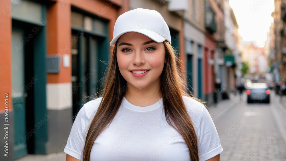 Plus size young woman wearing white t-shirt and white baseball cap standing on the street Plus size young woman wearing white t-shirt and white baseball cap standing on the street