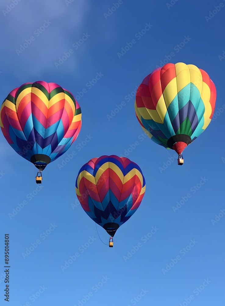 Fototapeta premium Three Colorful Hot Air Balloons Against Blue Sky