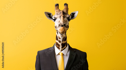 A serious giraffe in a modern business suit and yellow tie on a bright yellow background, funny concept.